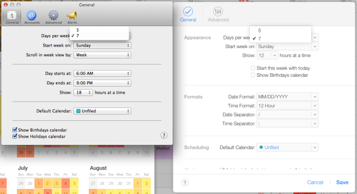 Calendar preferences on OS X 10.9, left, and on iCloud Calendar, right.