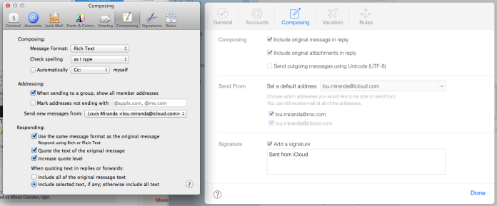 The Mail app's settings from OS X 10.9 on the left, and iCloud on the right.